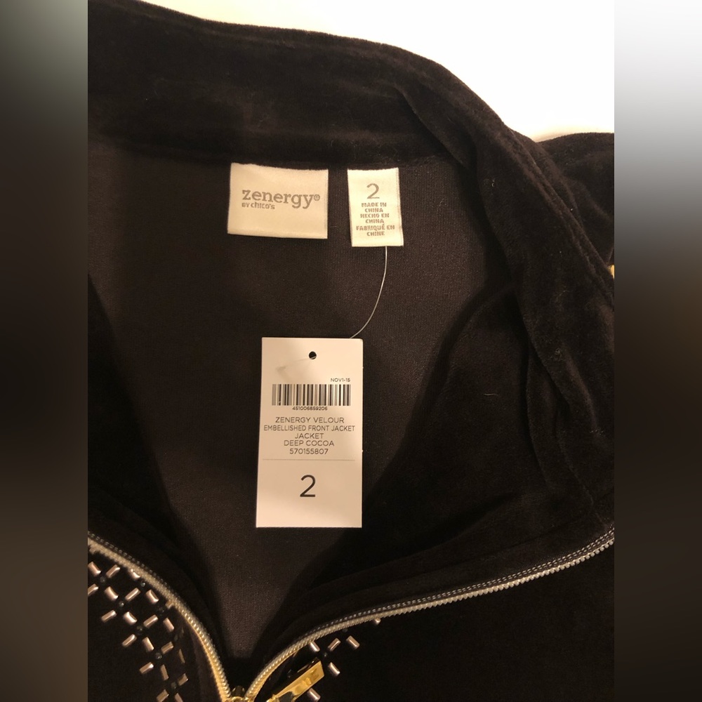 NEW Zenergy by Chico's Brown Velour w/Gold & Crystals Zip Up Track Jacket 2/12 - Picture 4 of 5